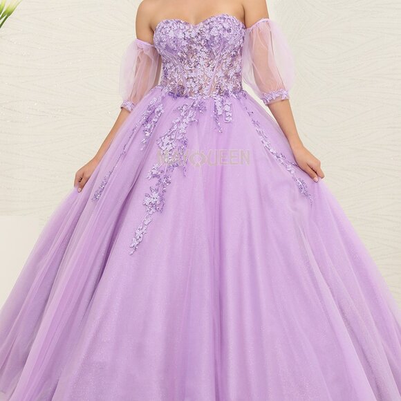 Green,blue,lilac purple,strapless beaded ball gown with detachable sleeves,prom - Picture 1 of 9